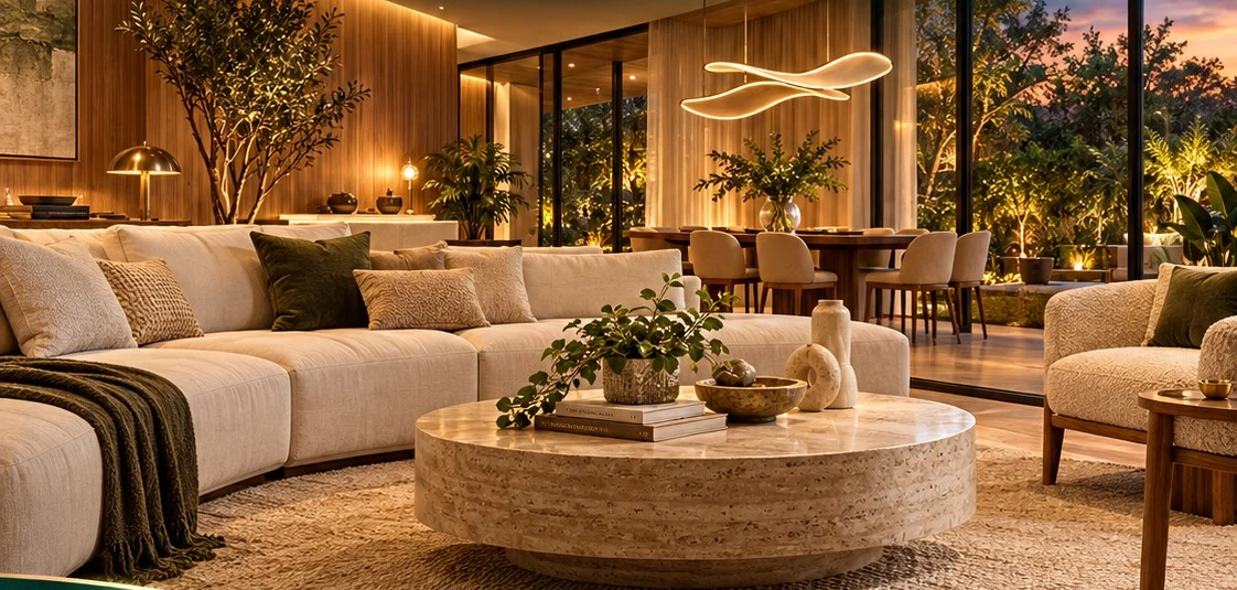 Ambiente residencial acolhedor com iluminação suave, ilustrativo